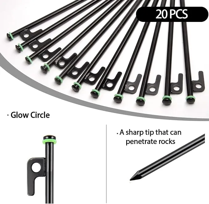 12Inch Heavy Duty Tent Stakes,20 PCS Tent Pegs Metal Fluorescent Silicone Rings  Storage Bag for Camping (20pcs)
