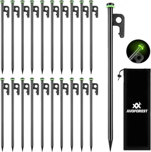 12Inch Heavy Duty Tent Stakes,20 PCS Tent Pegs Metal Fluorescent Silicone Rings  Storage Bag for Camping (20pcs)