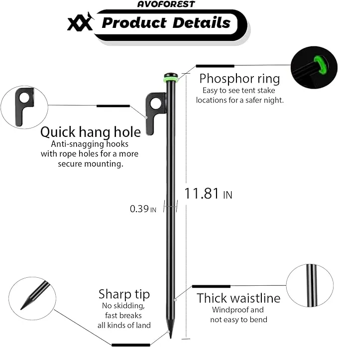 12Inch Heavy Duty Tent Stakes,20 PCS Tent Pegs Metal Fluorescent Silicone Rings  Storage Bag for Camping (20pcs)