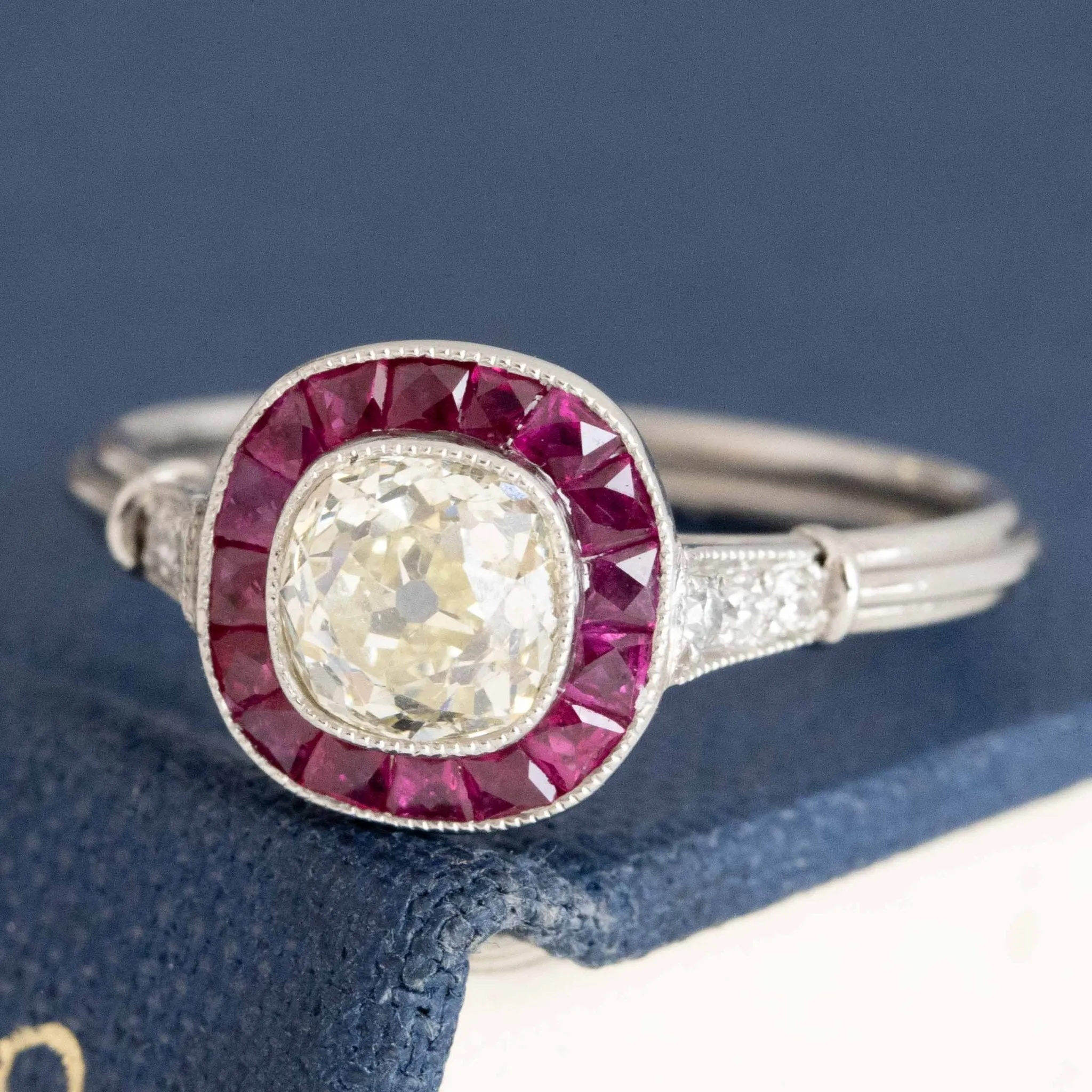 1.47ctw Old Mine Cut Diamond & Ruby Target Ring