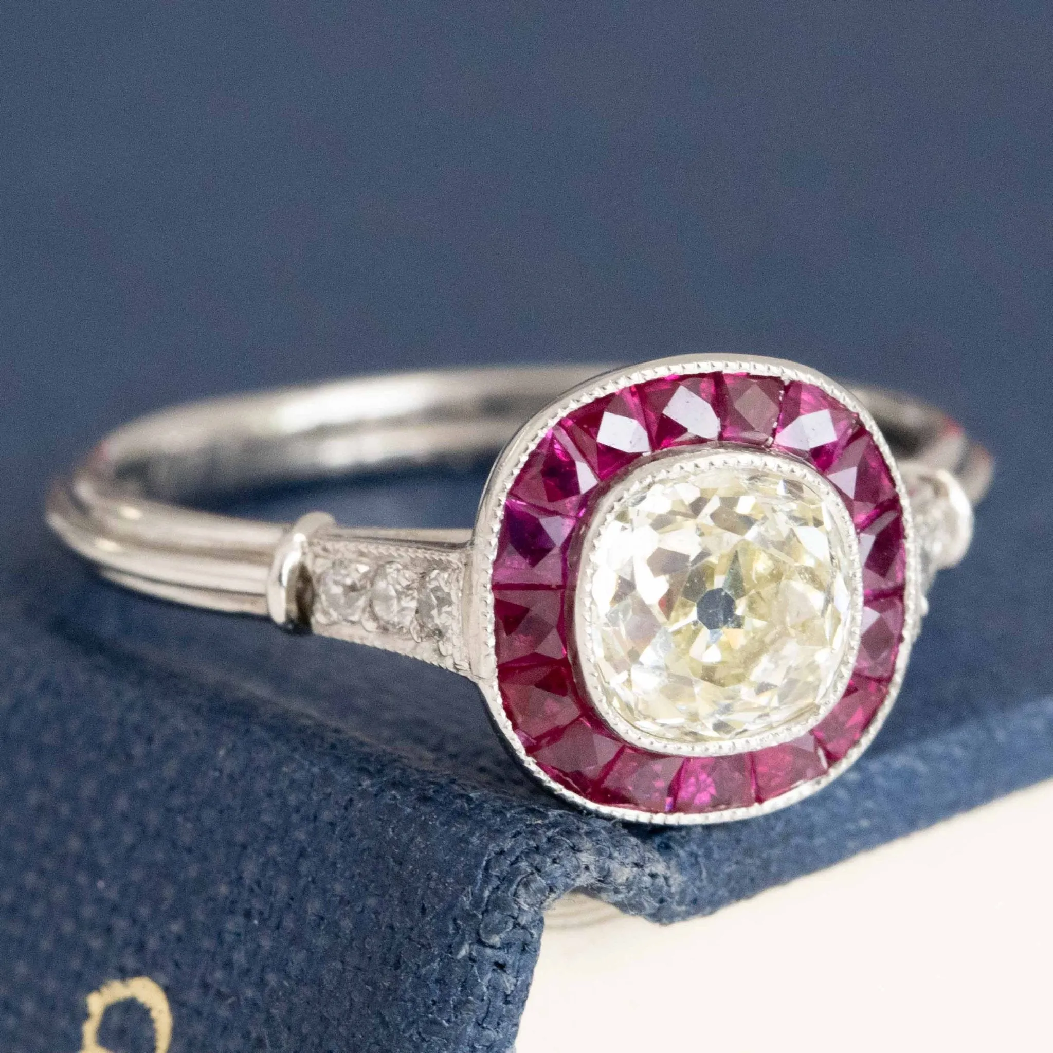1.47ctw Old Mine Cut Diamond & Ruby Target Ring