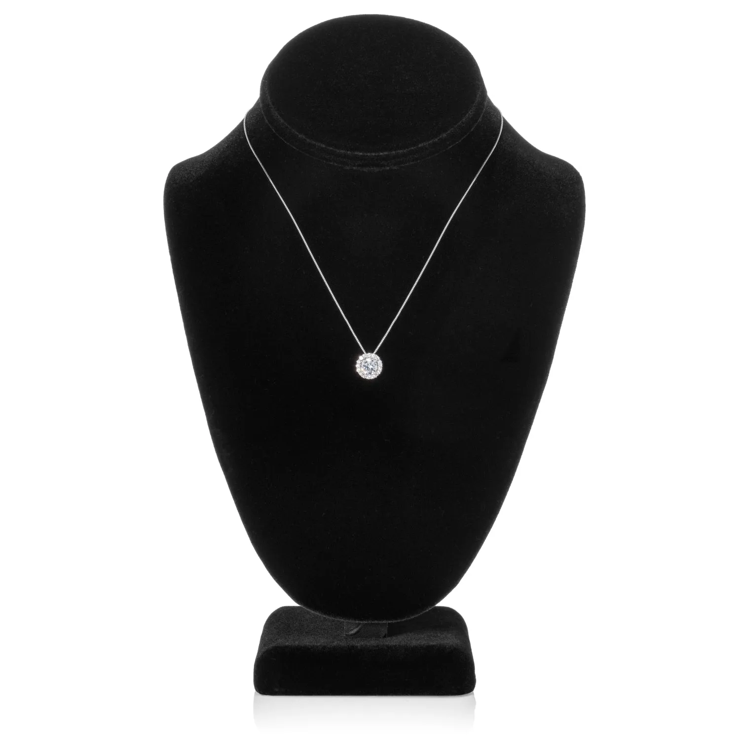 14K Solid White Gold Pendant Necklace | Round "Halo" Cubic Zirconia Solitaire | 1.0 CT center, 1.24 CTW | 16 Inch .60mm Box Link Chain