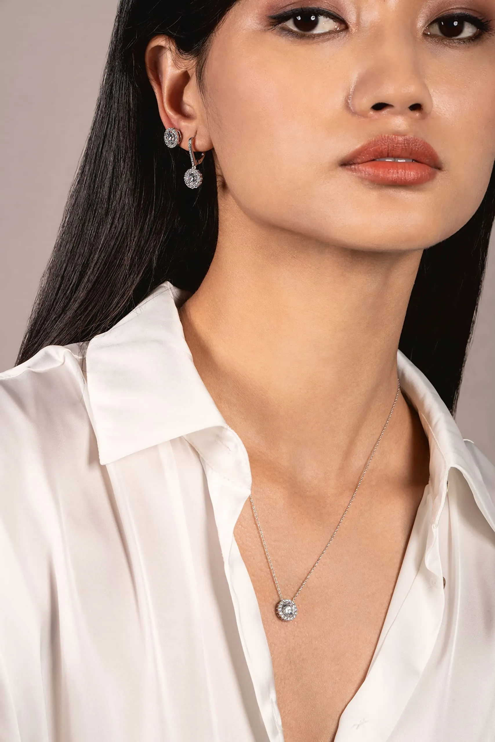 14K Solid White Gold Pendant Necklace | Round "Halo" Cubic Zirconia Solitaire | 1.0 CT center, 1.24 CTW | 16 Inch .60mm Box Link Chain