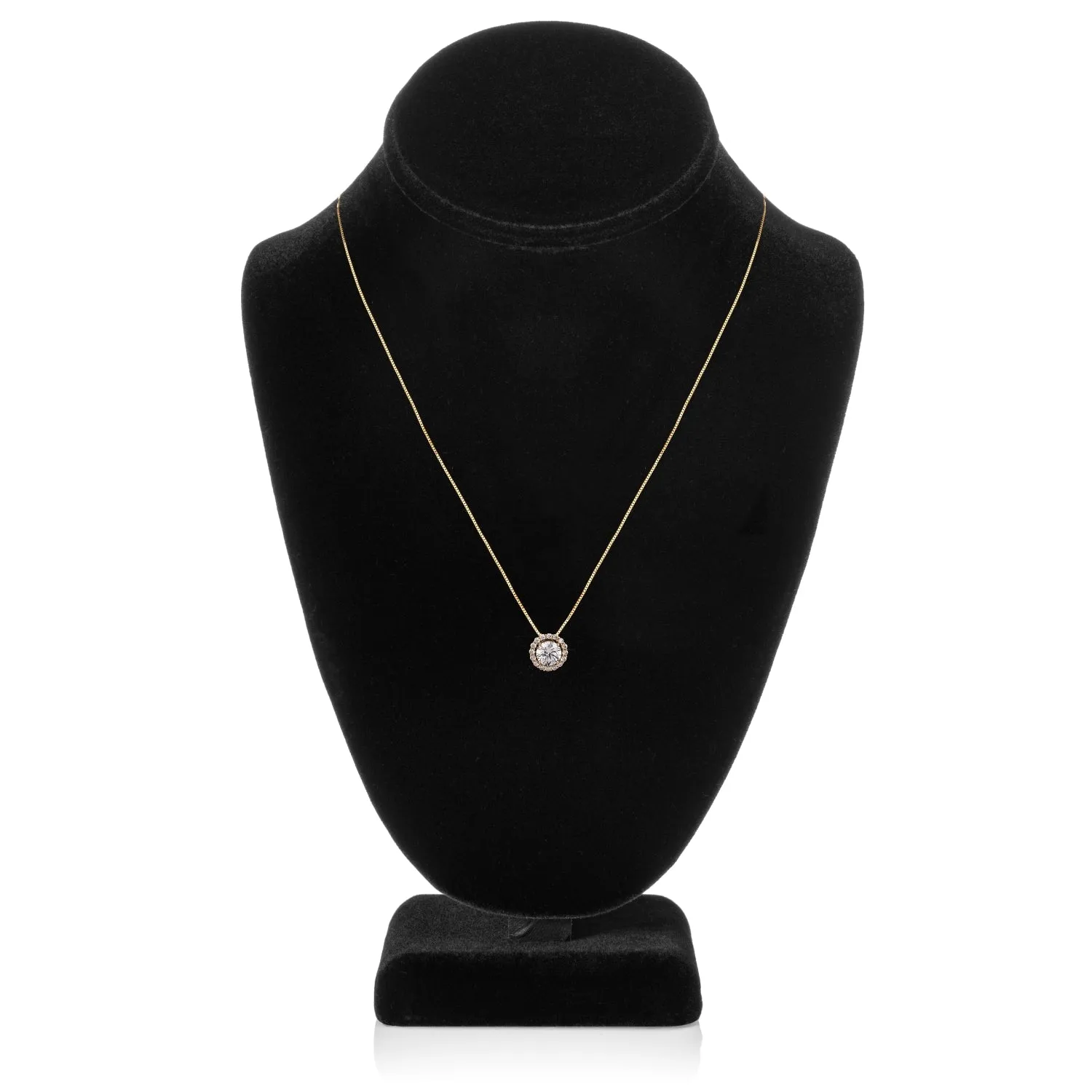 14K Solid Yellow Gold Pendant Necklace | Round "Halo" Cubic Zirconia Solitaire | 1.0 CT center, 1.24 CTW | 18 Inch .60mm Box Link Chain