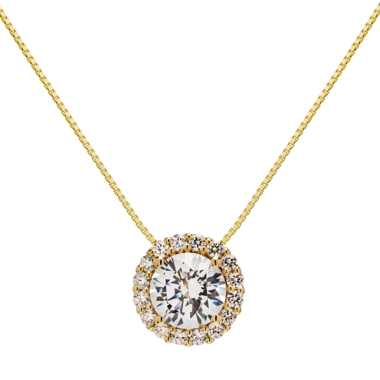 14K Solid Yellow Gold Pendant Necklace | Round "Halo" Cubic Zirconia Solitaire | 1.0 CT center, 1.24 CTW | 18 Inch .60mm Box Link Chain