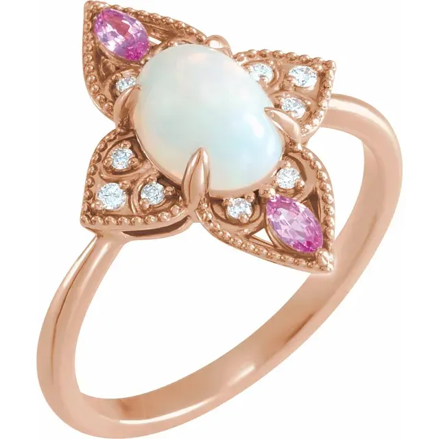 14K White Ethiopian Opal, Pink Sapphire & .05 CTW Diamond Vintage-Inspired Ring