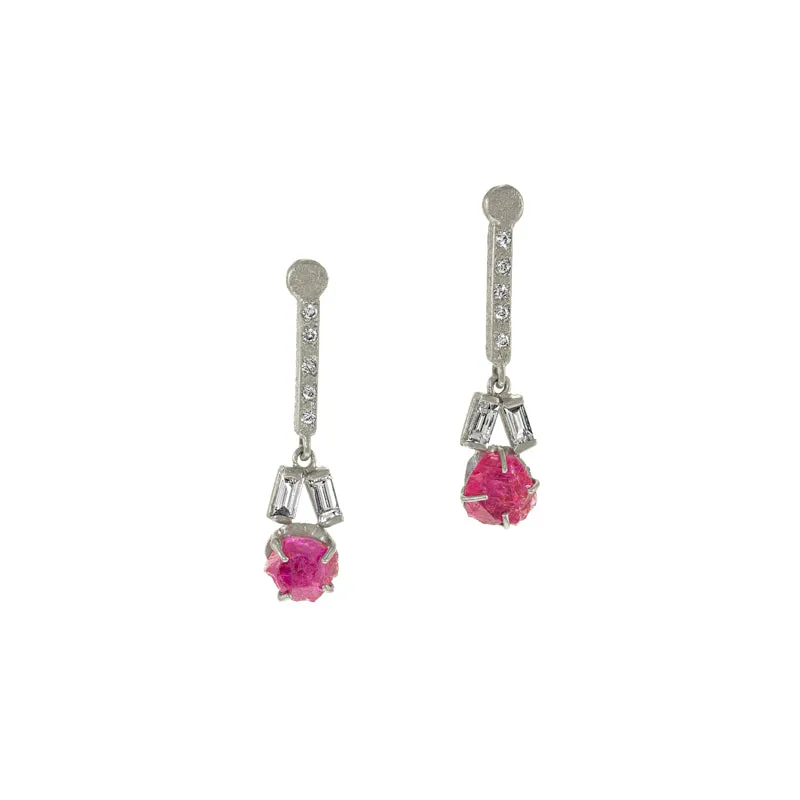 14K White Gold Earrings with Rough Rubies & Diamonds