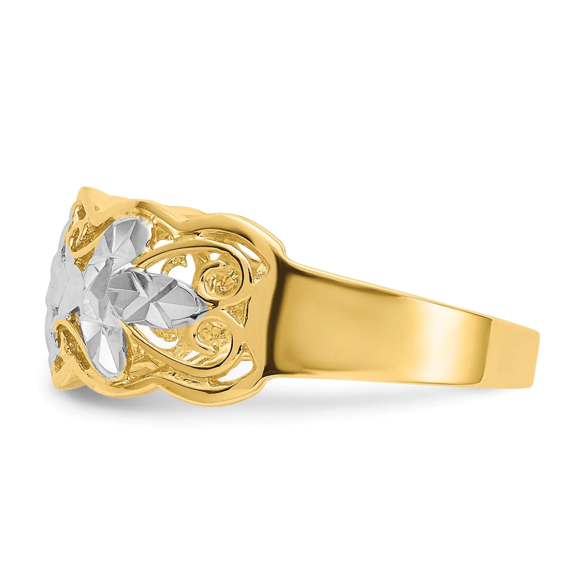 14k Yellow Rhodium Gold Diamond Cut Wave Ring