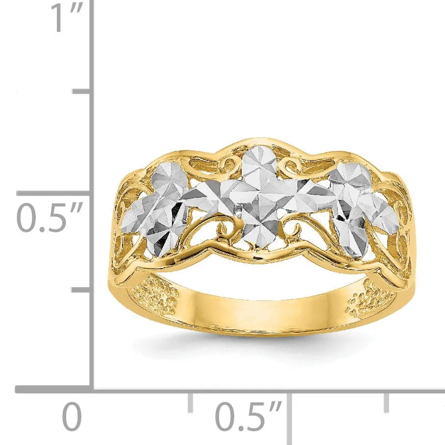 14k Yellow Rhodium Gold Diamond Cut Wave Ring