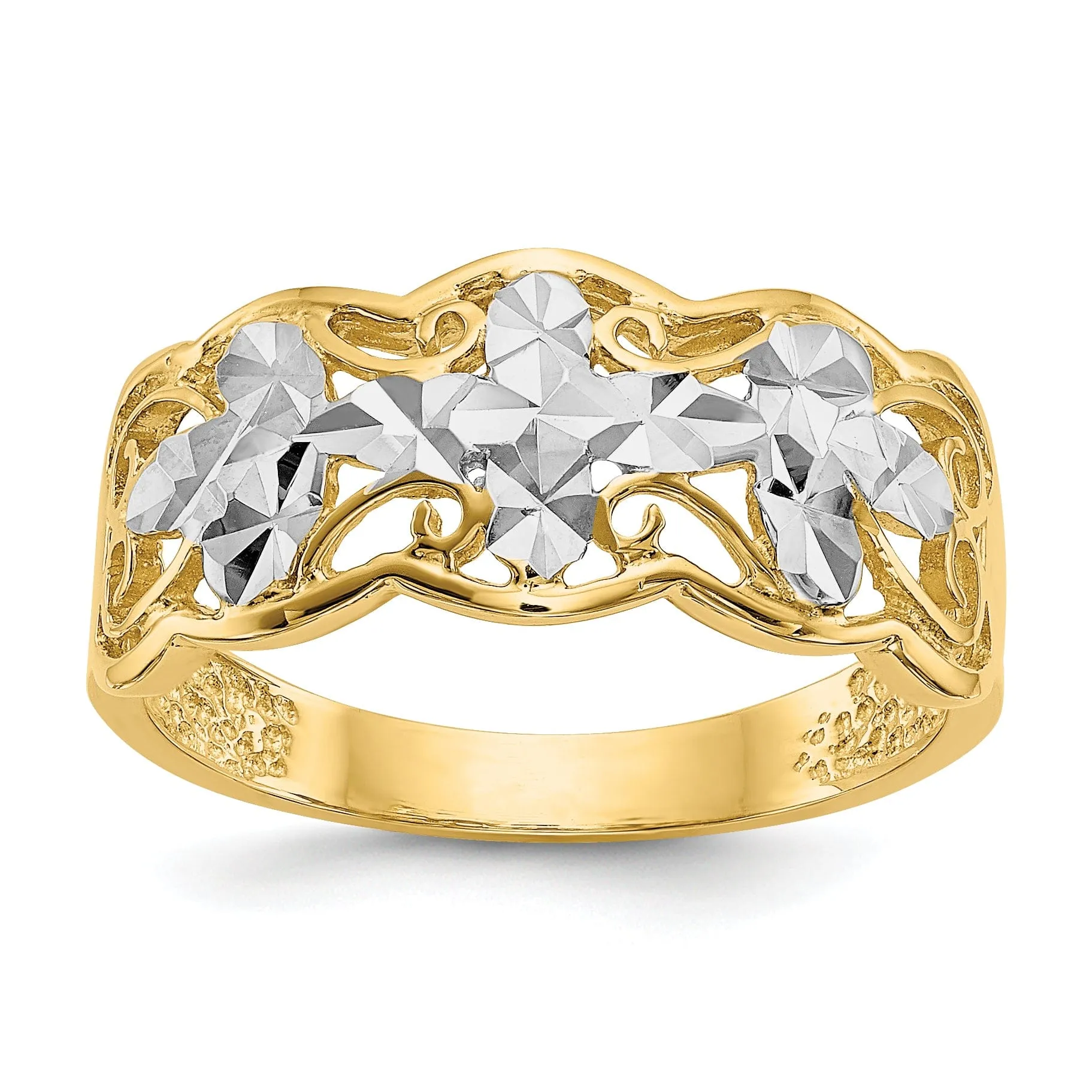 14k Yellow Rhodium Gold Diamond Cut Wave Ring