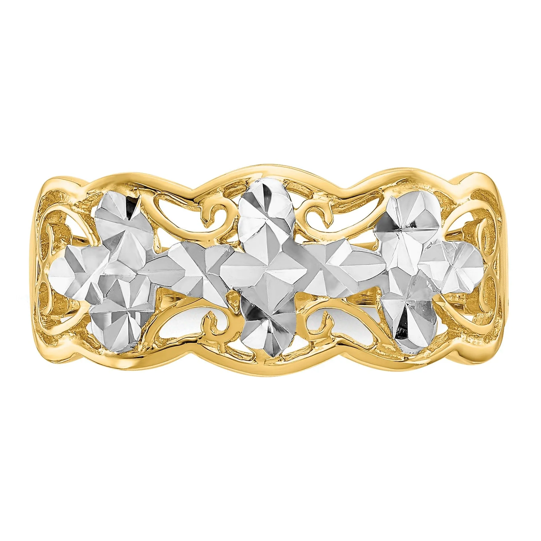 14k Yellow Rhodium Gold Diamond Cut Wave Ring