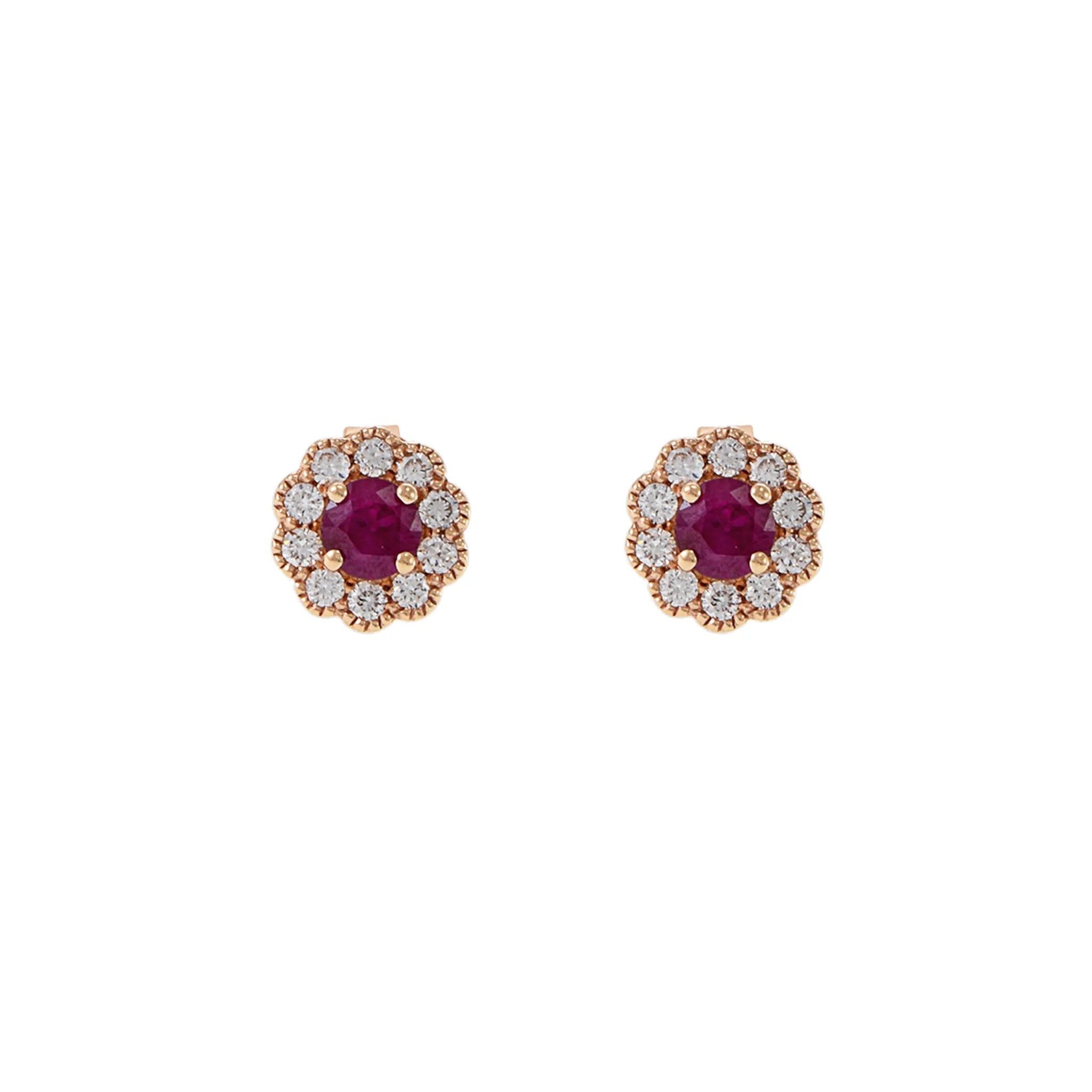 14KT Rose Gold Ruby And Diamond Flower Earrings