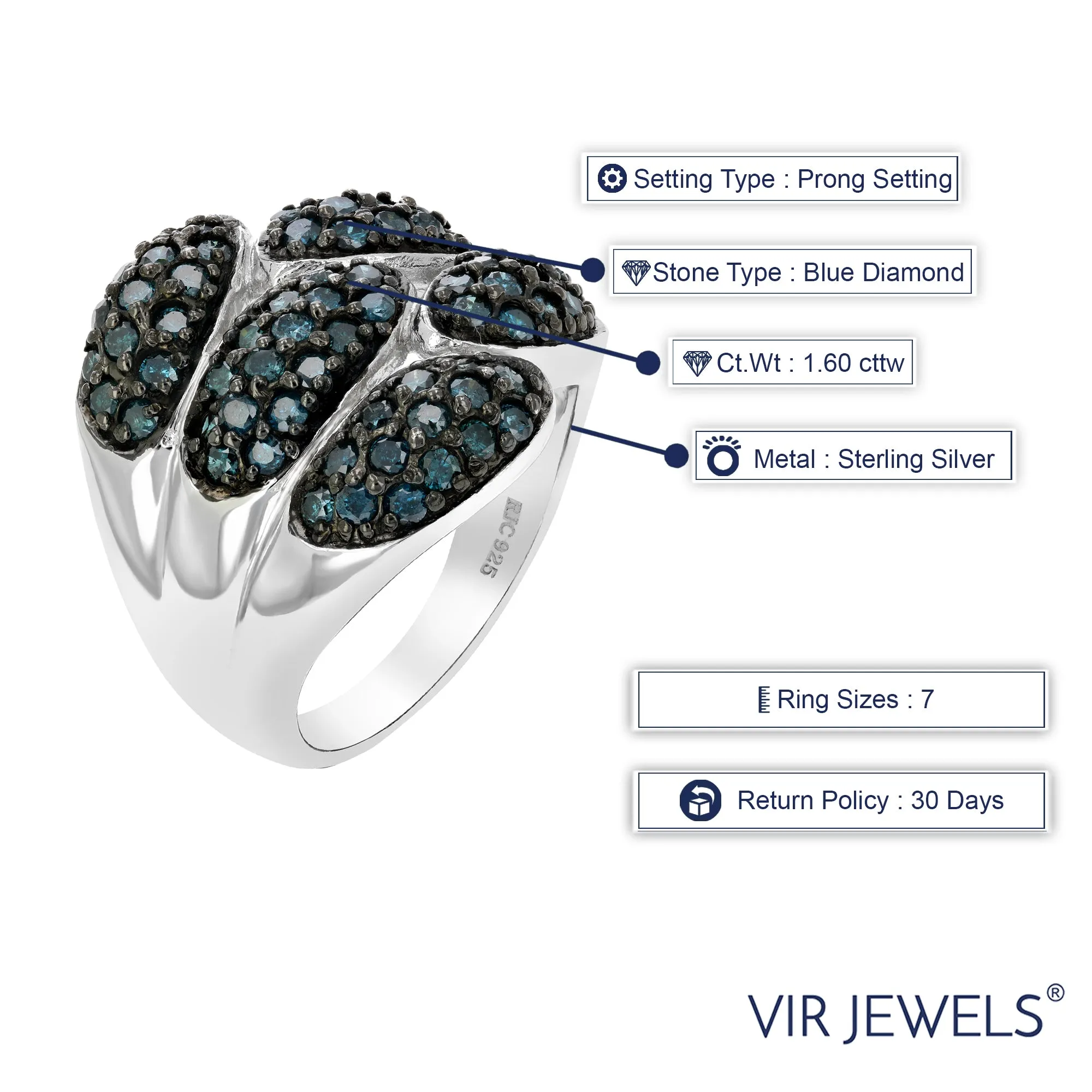 1.60 cttw Mushroom Blue Diamond Statement Ring in Sterling Silver