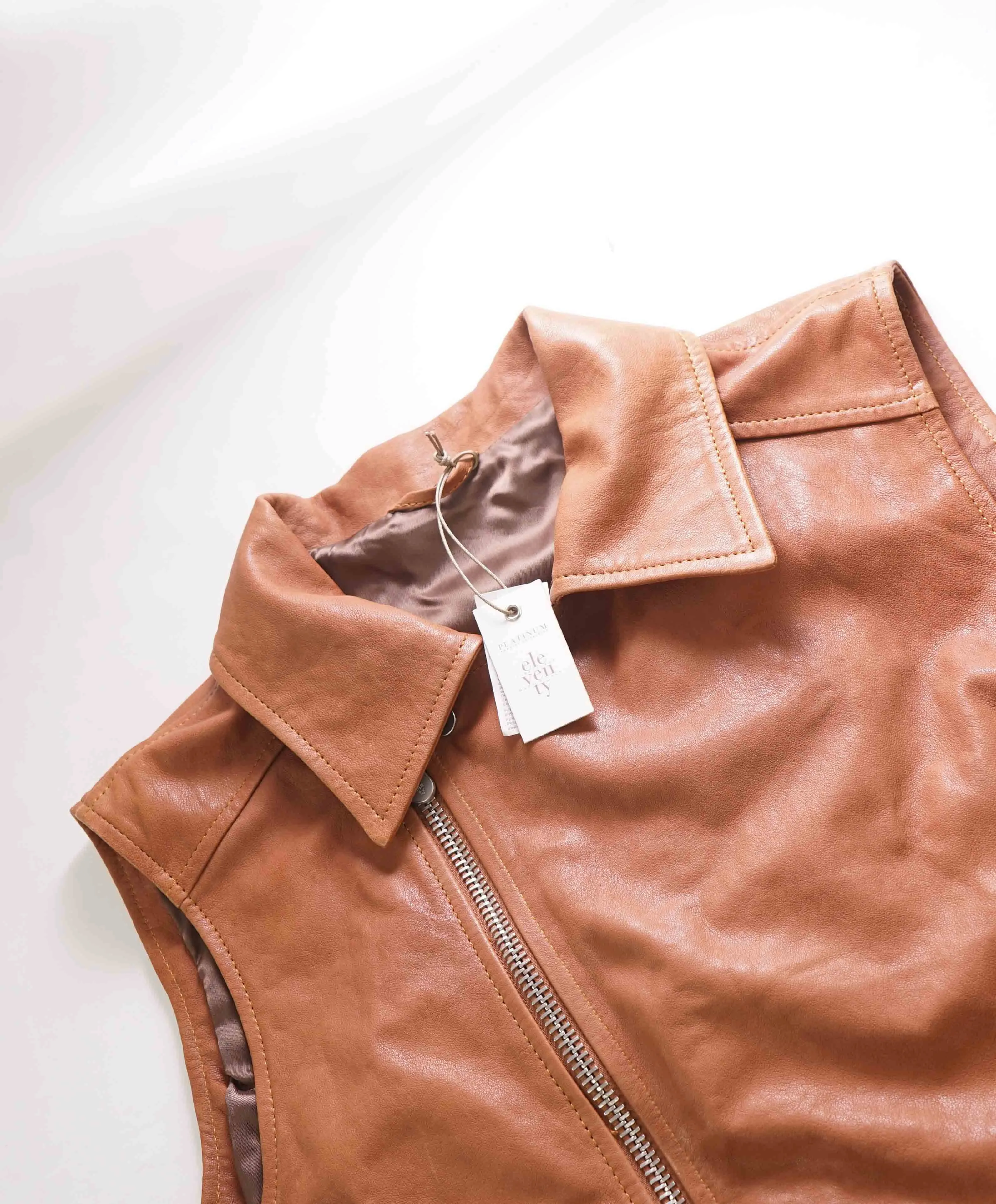 $1,695 ELEVENTY - *GOAT SKIN* Leather Brown Moto Asymmetrical Vest - 40R (M)