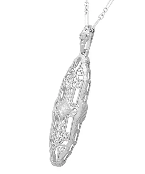 1920's Art Deco Filigree Lozenge Shape Diamond Pendant in Sterling Silver