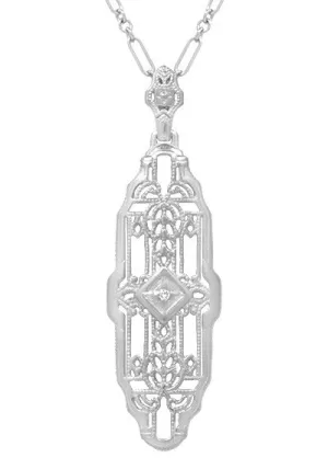 1920's Art Deco Filigree Lozenge Shape Diamond Pendant in Sterling Silver