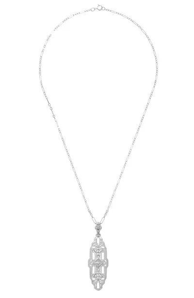 1920's Art Deco Filigree Lozenge Shape Diamond Pendant in Sterling Silver