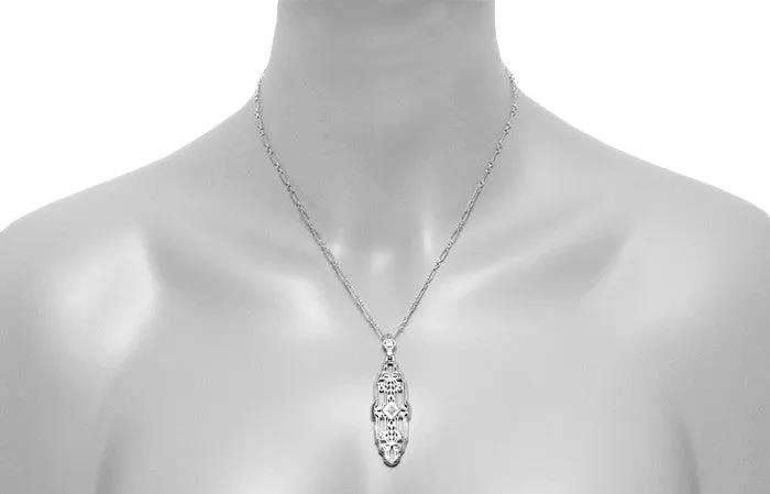 1920's Art Deco Filigree Lozenge Shape Diamond Pendant in Sterling Silver