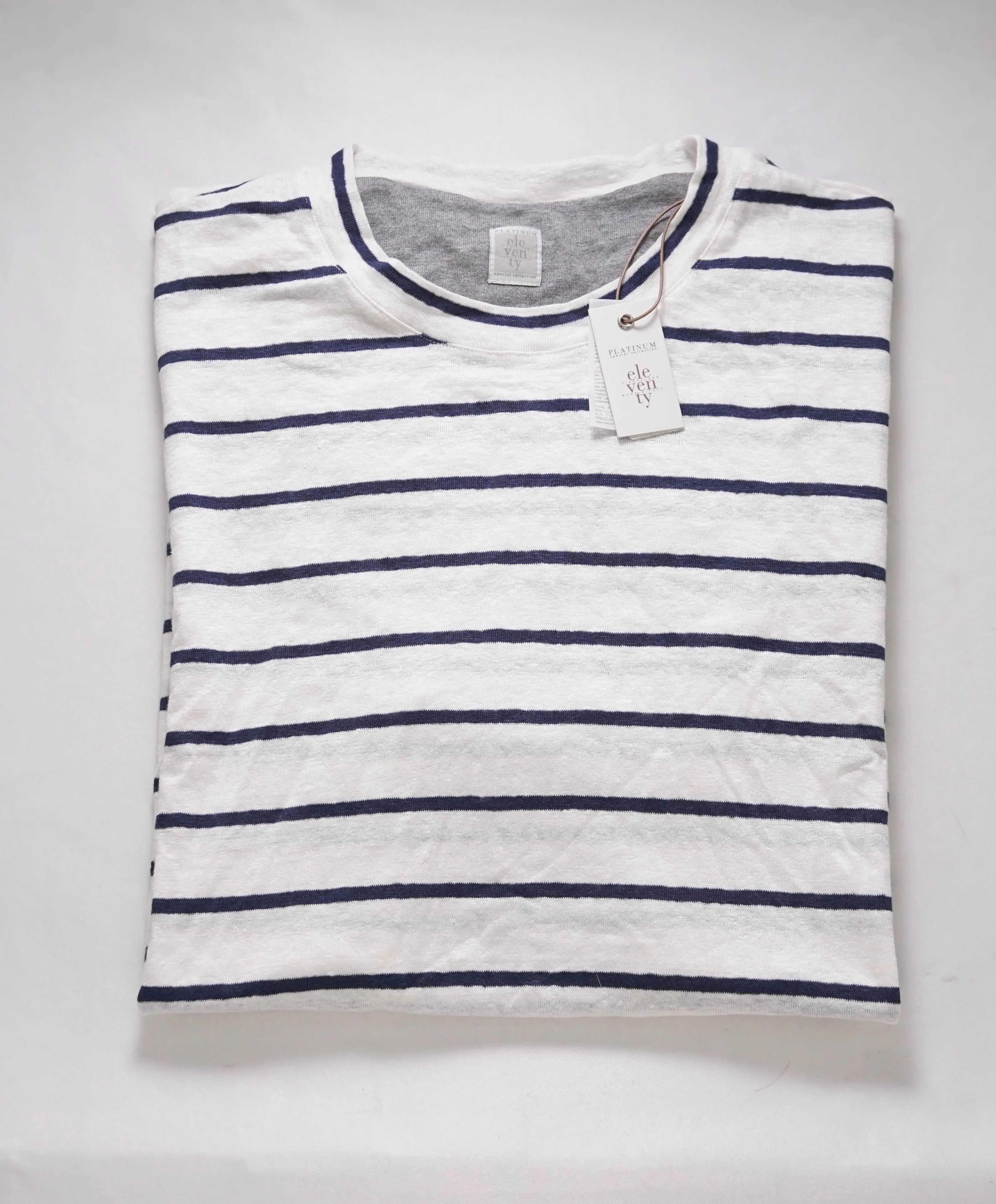 $245 ELEVENTY - Linen NAUTICAL STRIPE Navy/White Short Sleeve T - M