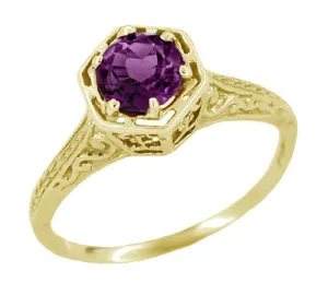 3/4 Carat Amethyst Art Deco Engraved Hexagon Filigree Ring in 14 Karat Yellow Gold