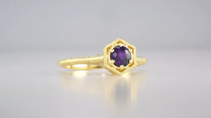 3/4 Carat Amethyst Art Deco Engraved Hexagon Filigree Ring in 14 Karat Yellow Gold