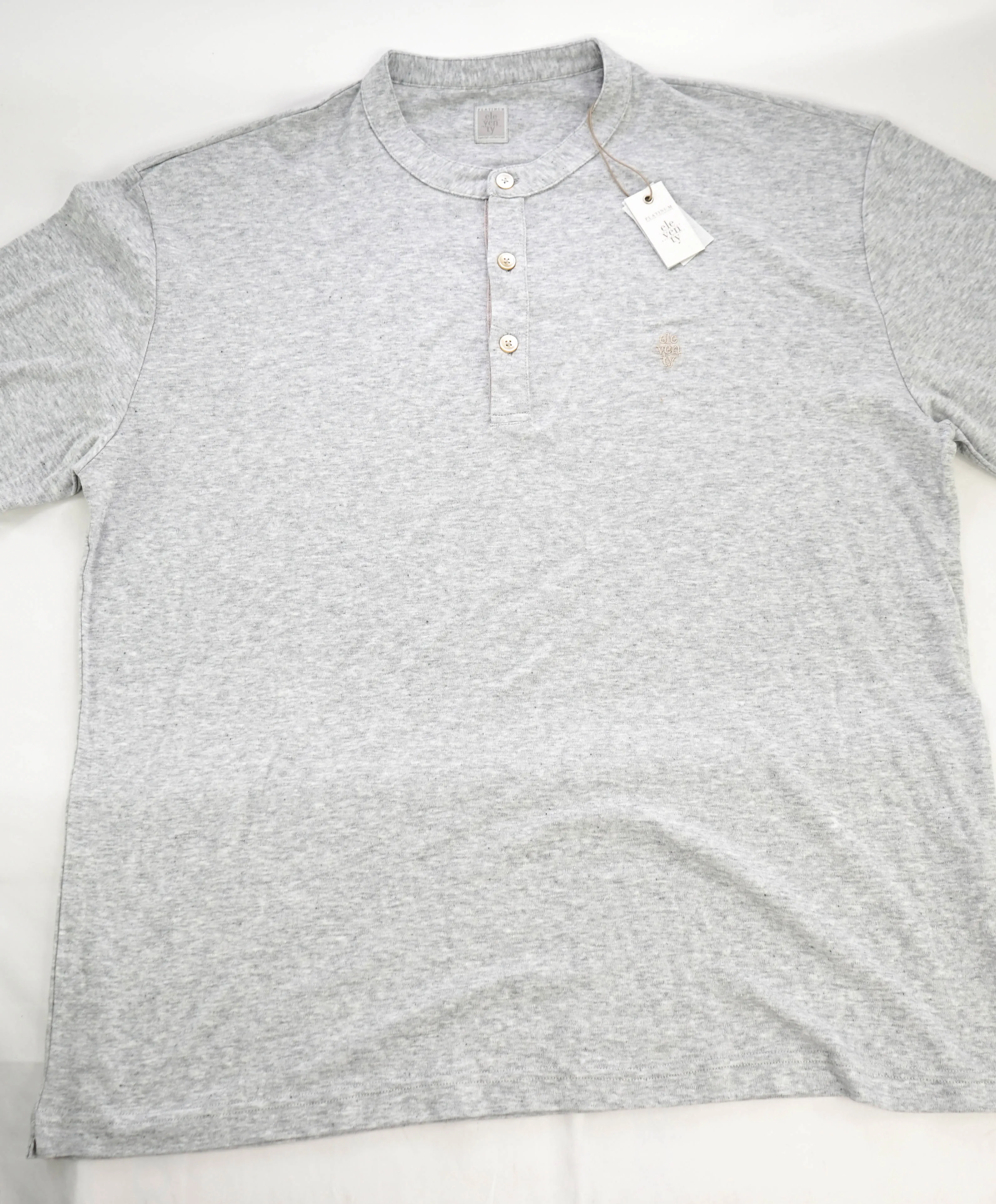 $395 ELEVENTY - Logo COTTON/LINEN Henley T-Shirt Gray - XL