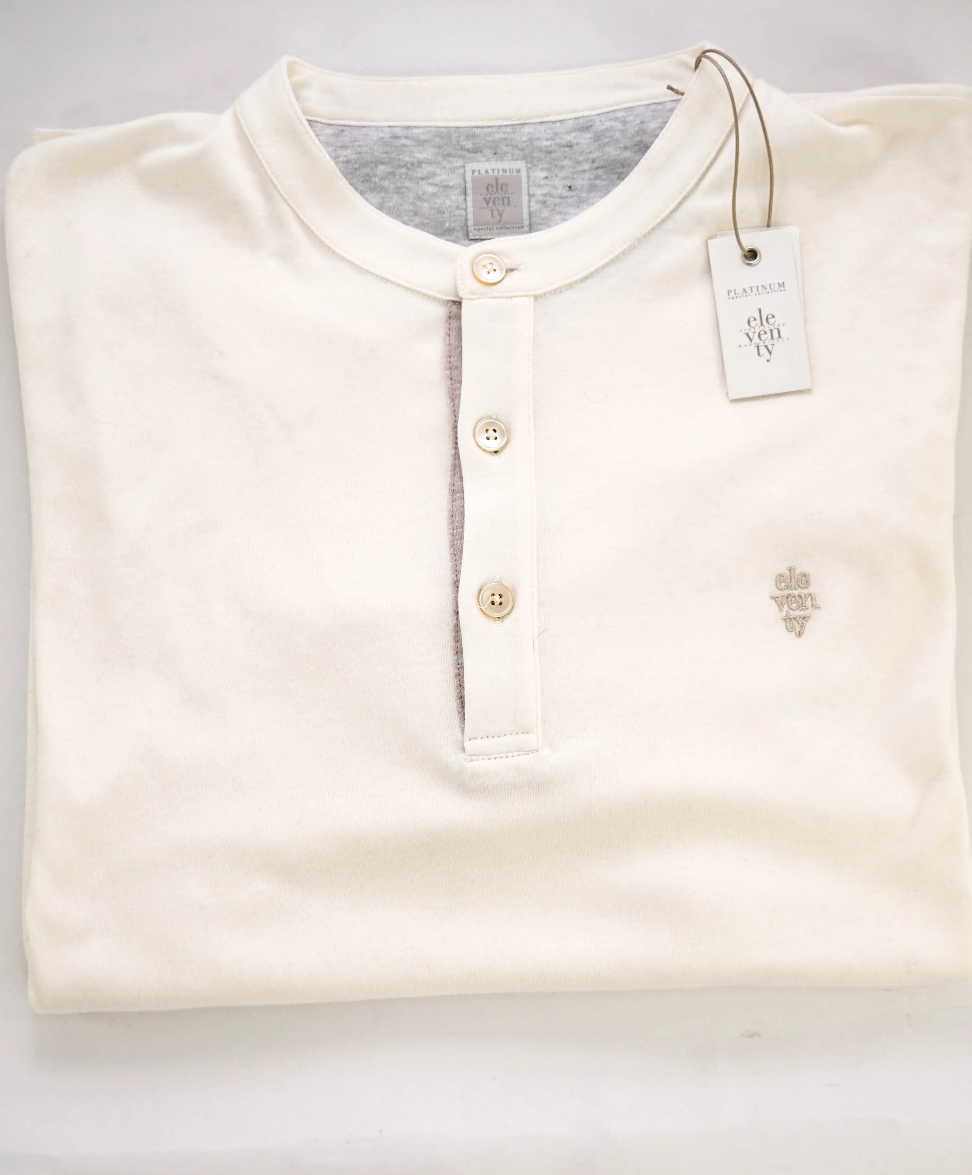 $395 ELEVENTY - Logo COTTON/LINEN Henley T-Shirt Ivory - XXL