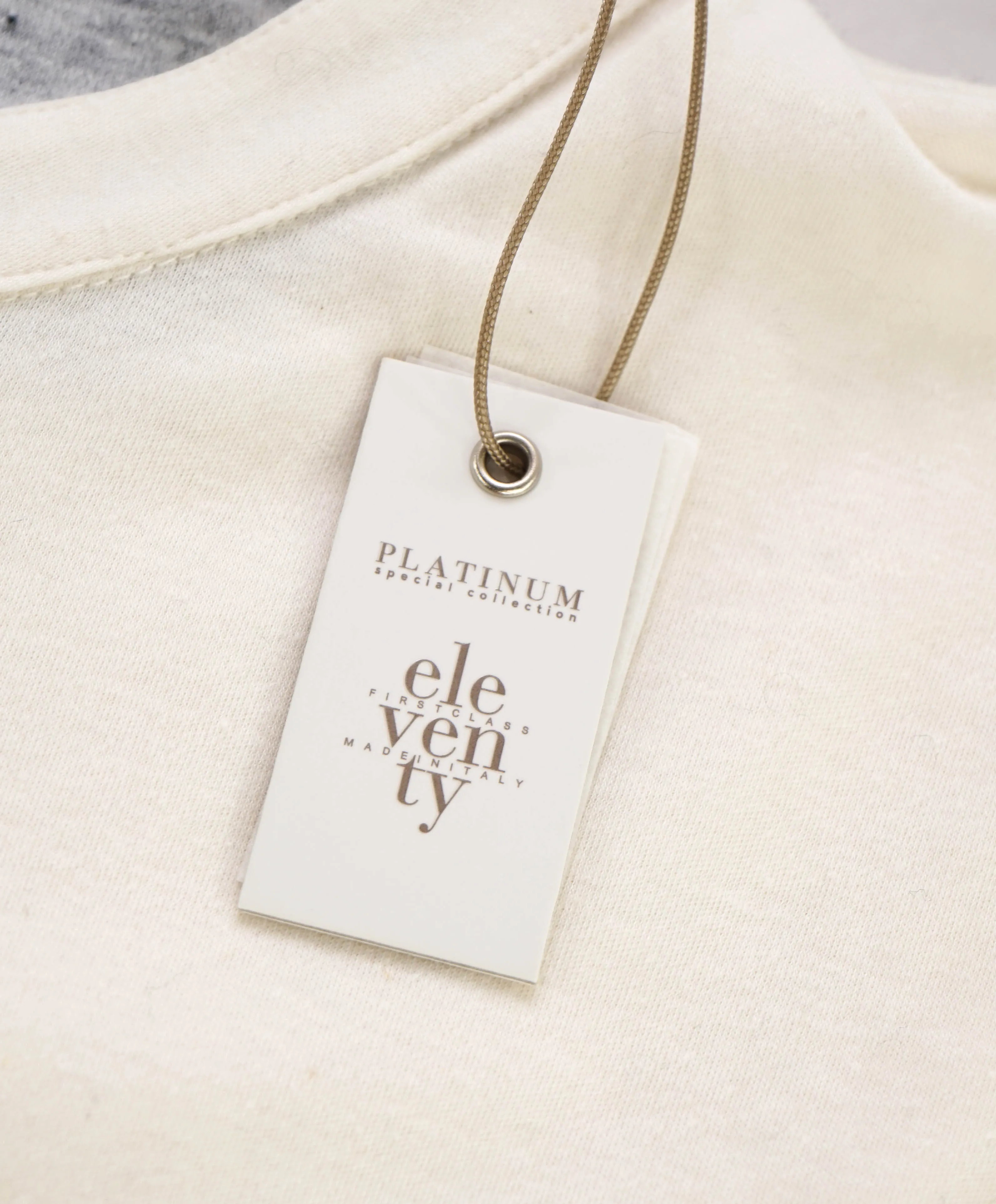 $395 ELEVENTY - Logo COTTON/LINEN Henley T-Shirt Ivory - XXL