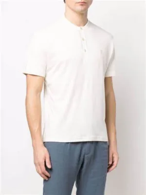 $395 ELEVENTY - Logo COTTON/LINEN Henley T-Shirt Ivory - XXL