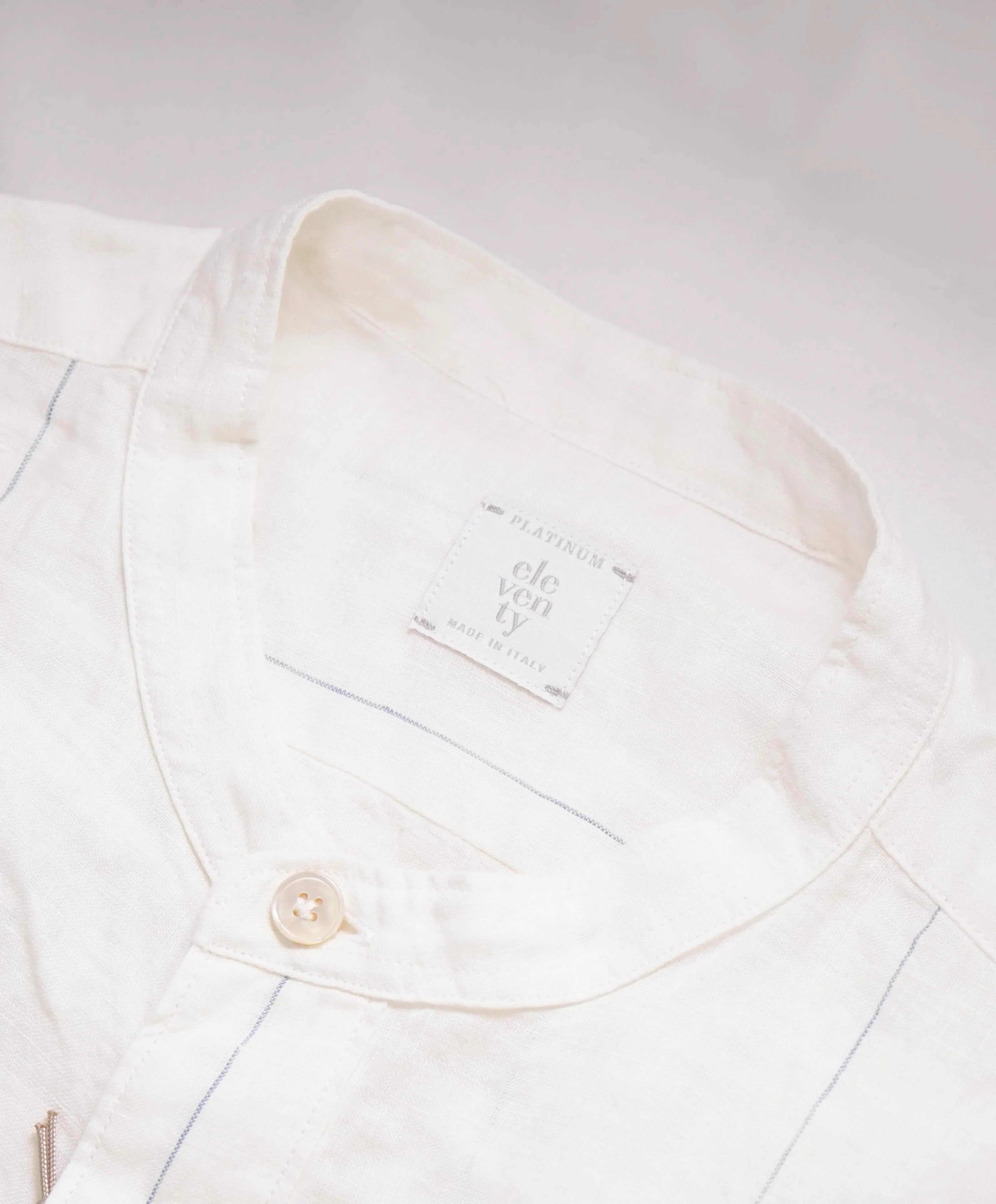 $395 ELEVENTY - PURE LINEN Ivory/Blue Collarless Button Dress Shirt - XXL (43)