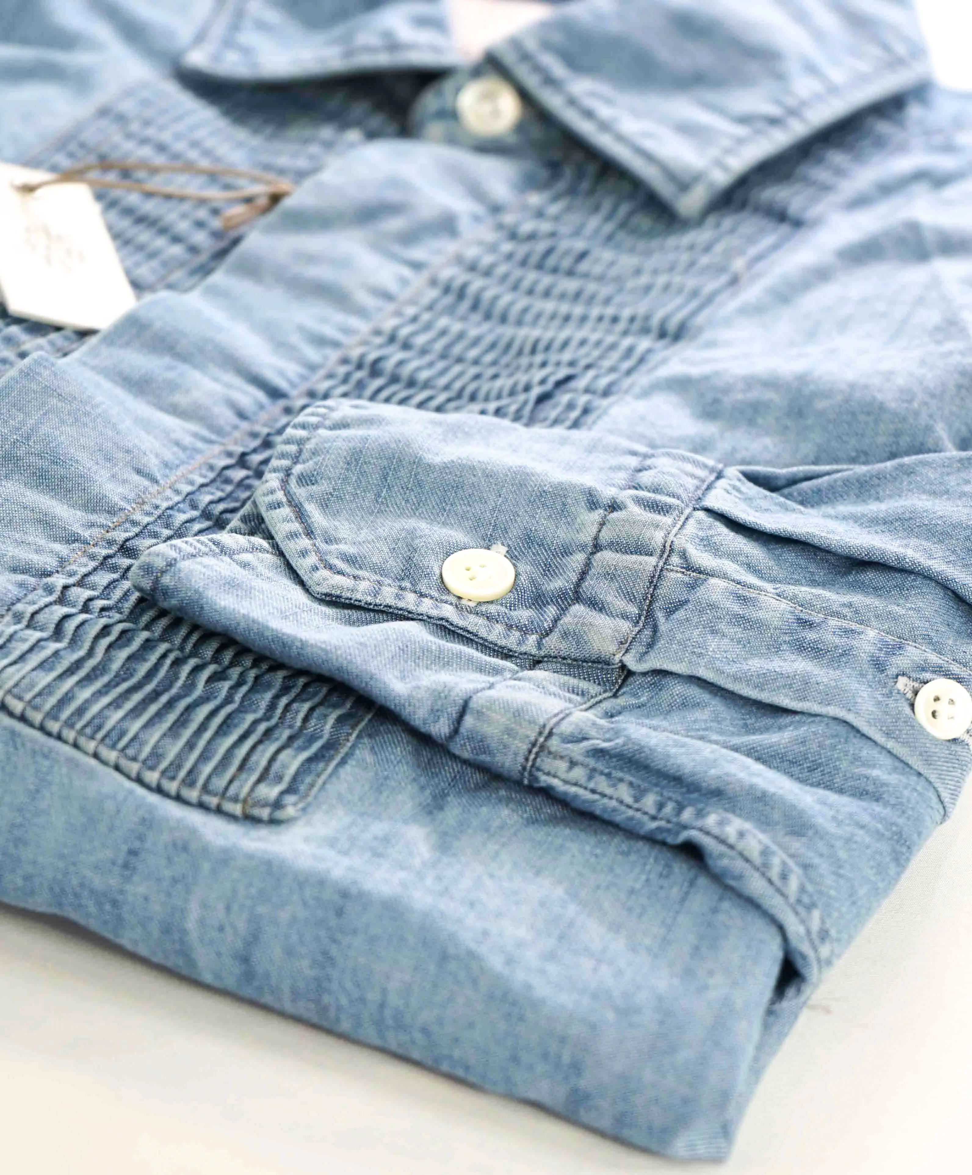$445 ELEVENTY - Cotton *PLEATED* Blue Chambray Denim Button Down Shirt - M