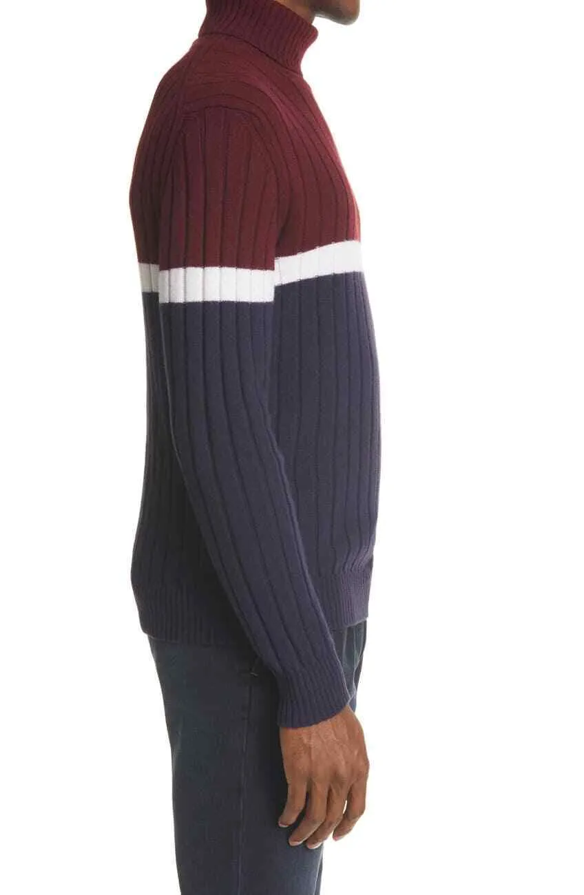 $495 ELEVENTY - *Pure Wool* Burgundy/Navy/White Turtleneck Ribbed Sweater - M