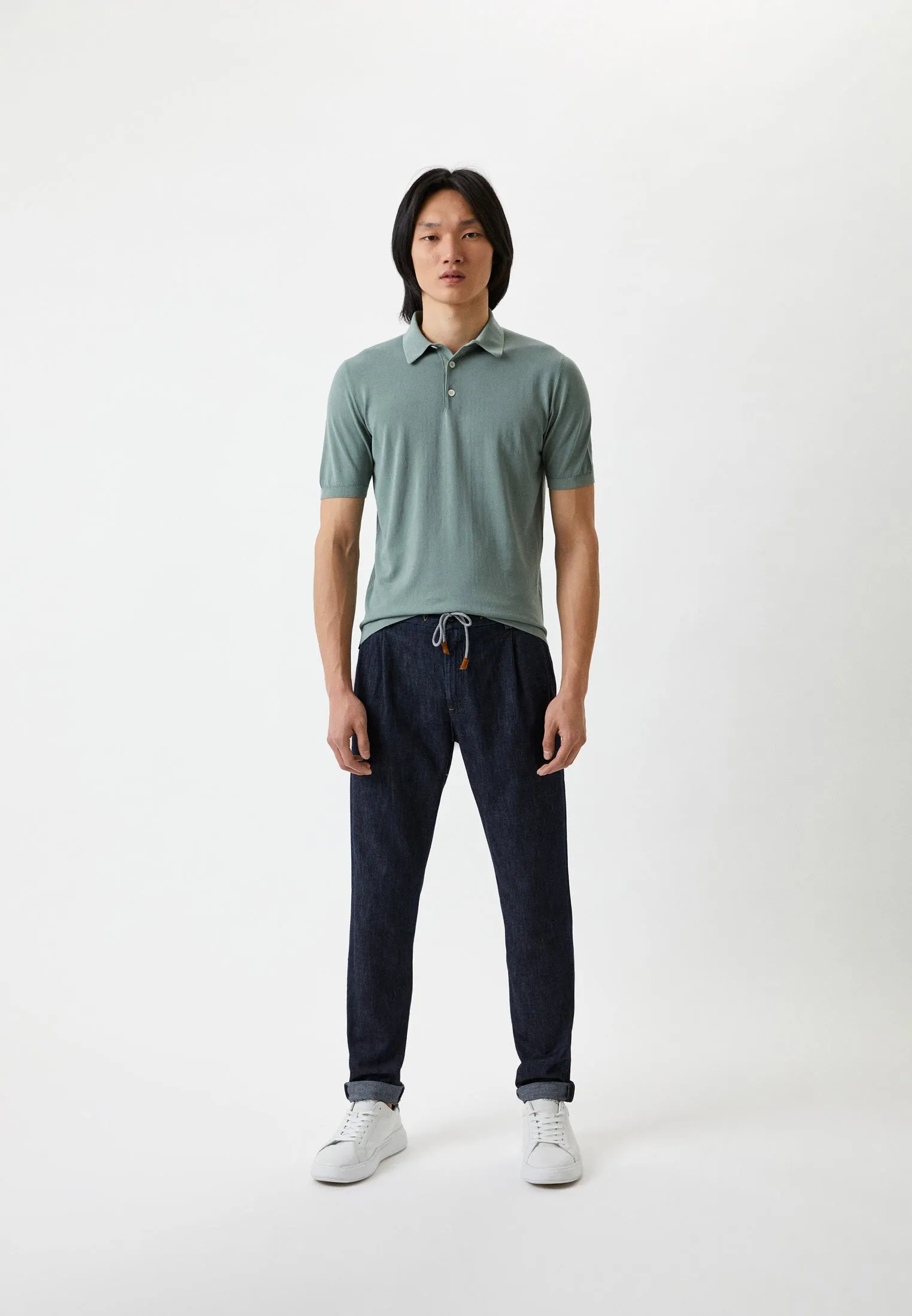 $575 ELEVENTY - Sage Green / Blue Polo Shirt Cotton - M