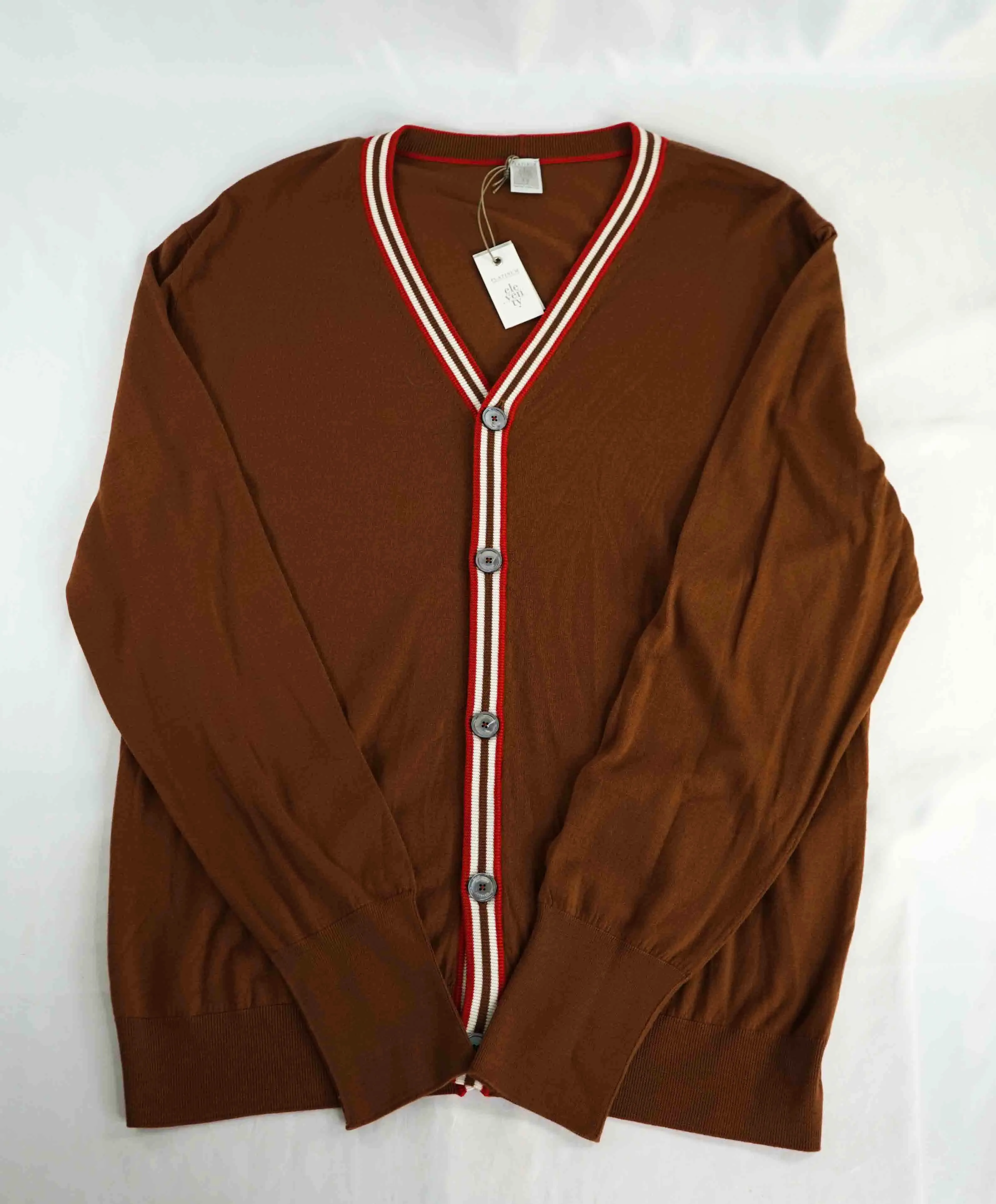 $795 ELEVENTY - *PLATINUM* Brown Tipped MOP Button Cardigan Sweater - M