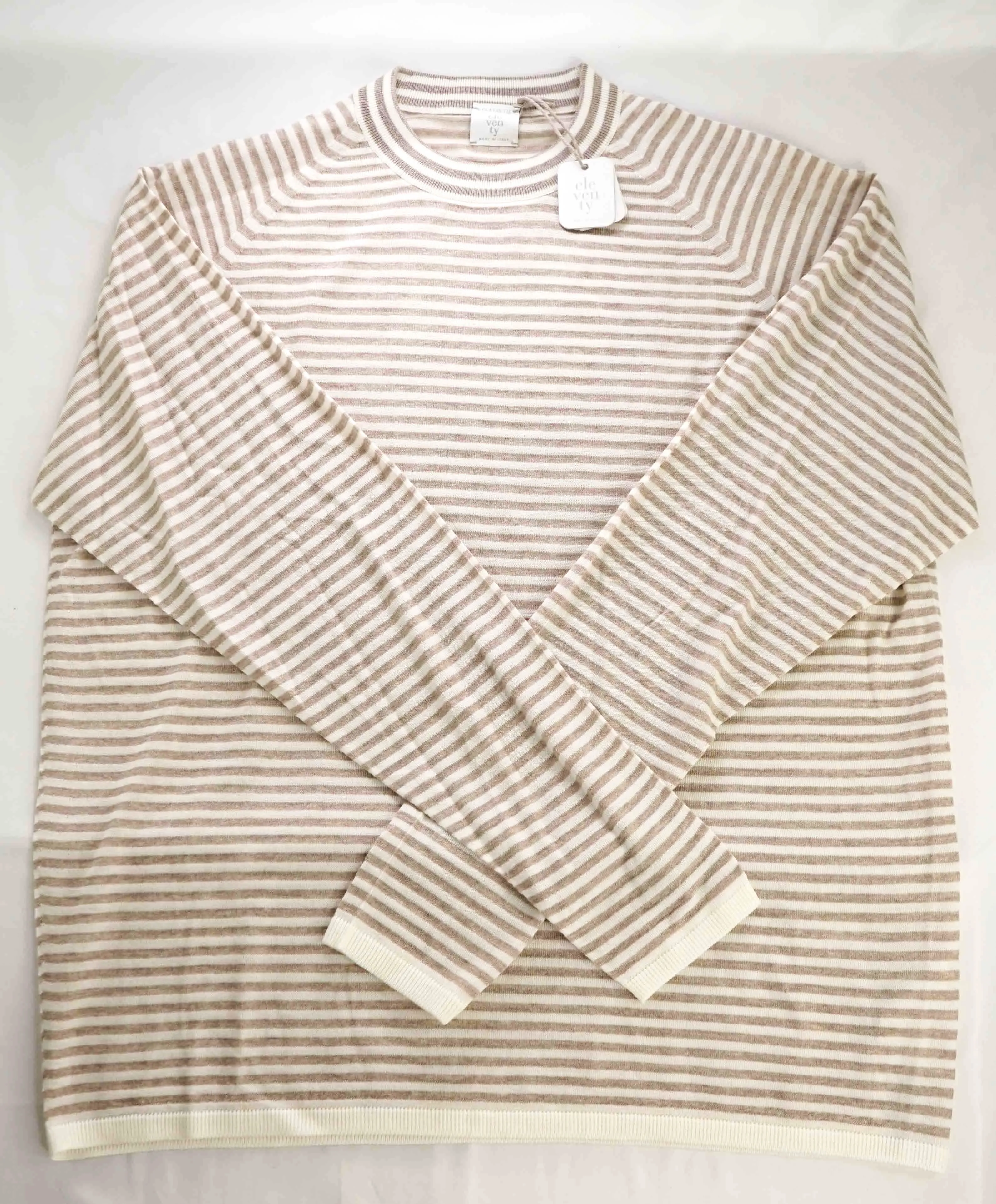 $875 ELEVENTY - Ivory / Camel Nautical Stripe High Crewneck Wool Sweater - M