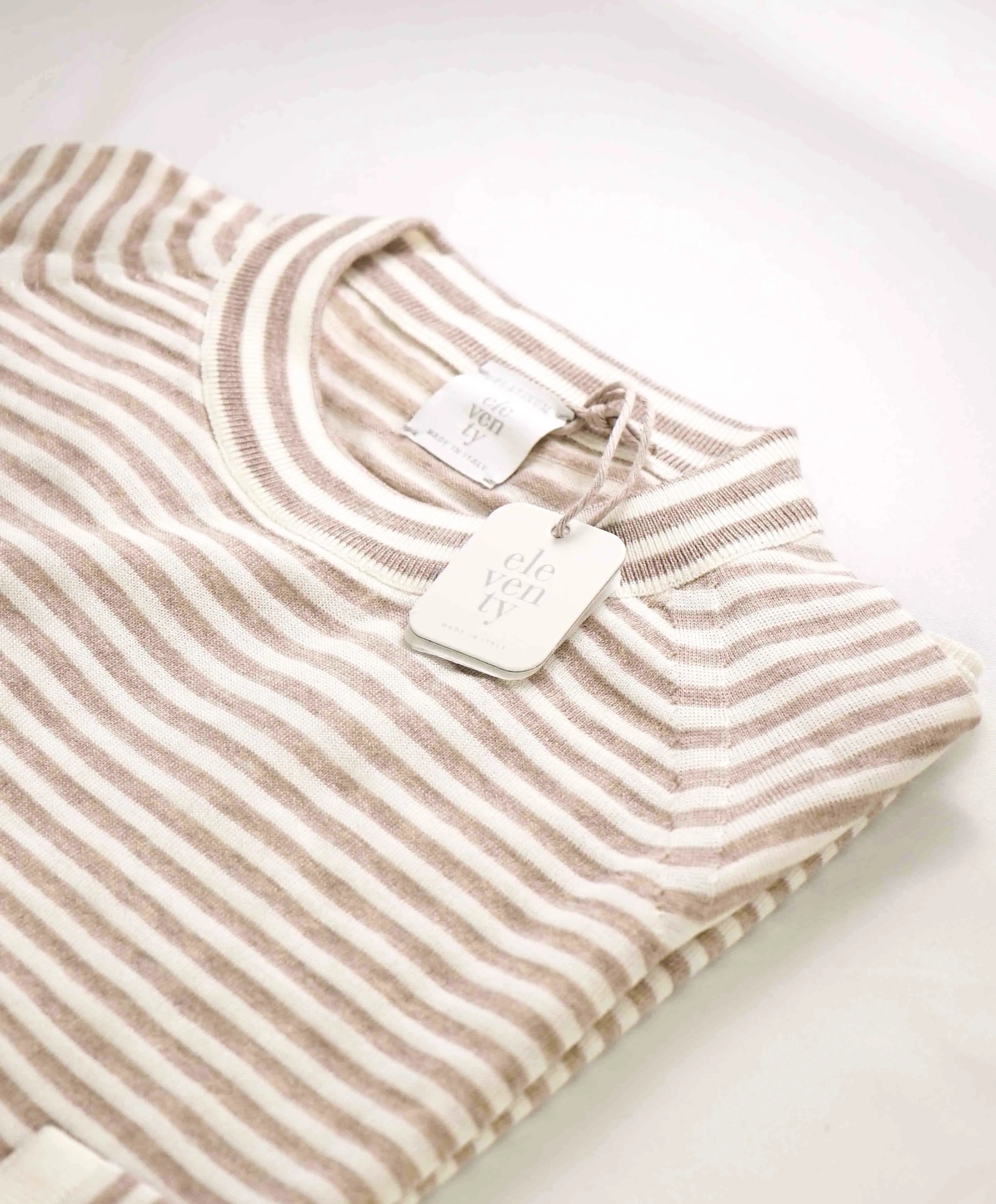 $875 ELEVENTY - Ivory / Camel Nautical Stripe High Crewneck Wool Sweater - M