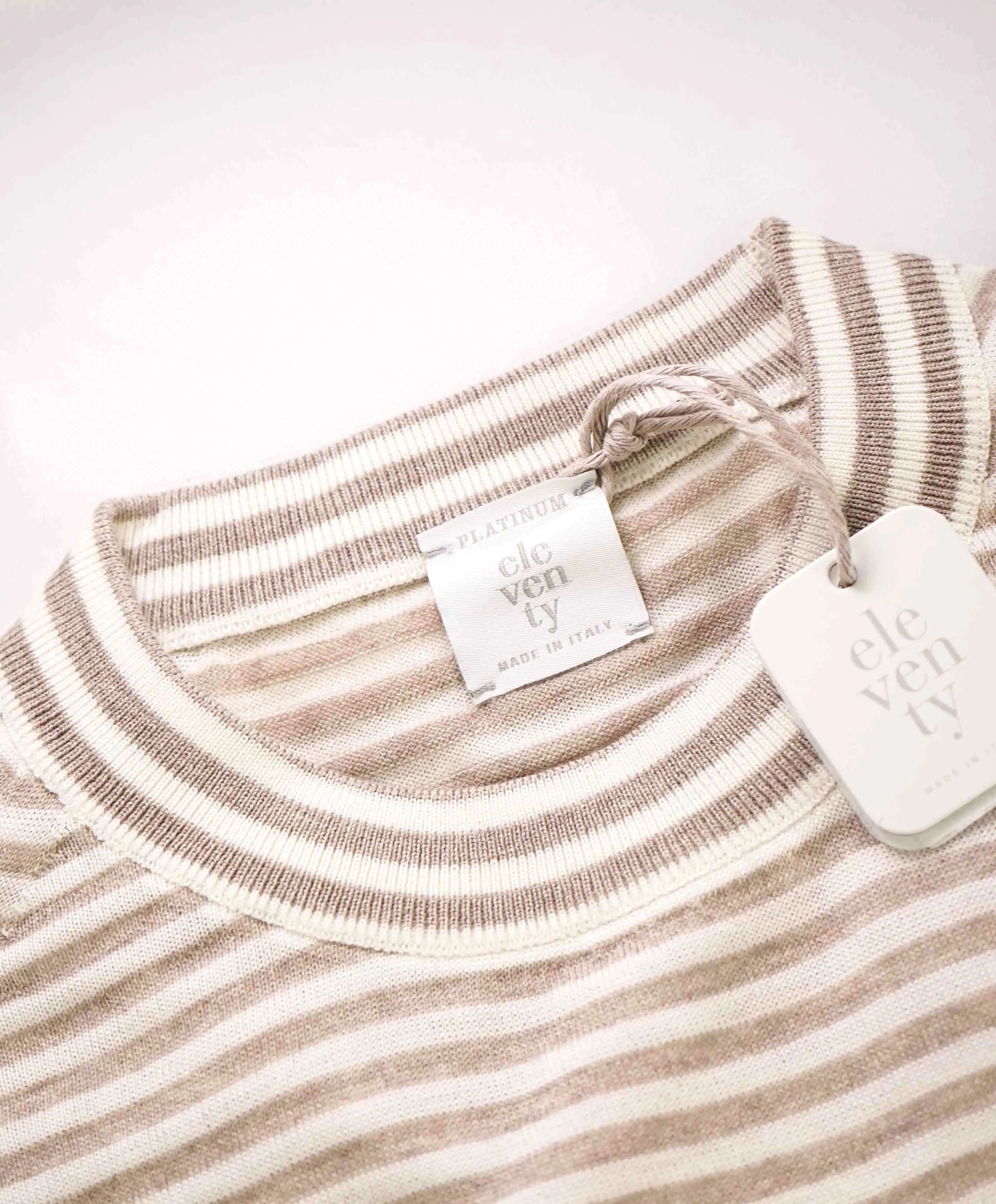 $875 ELEVENTY - Ivory / Camel Nautical Stripe High Crewneck Wool Sweater - M