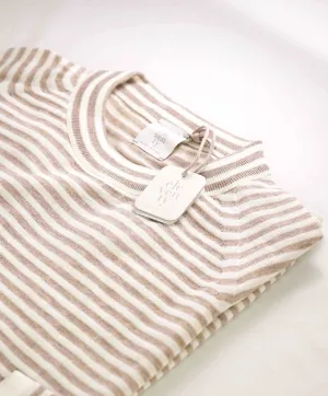 $875 ELEVENTY - Ivory / Camel Nautical Stripe High Crewneck Wool Sweater - M