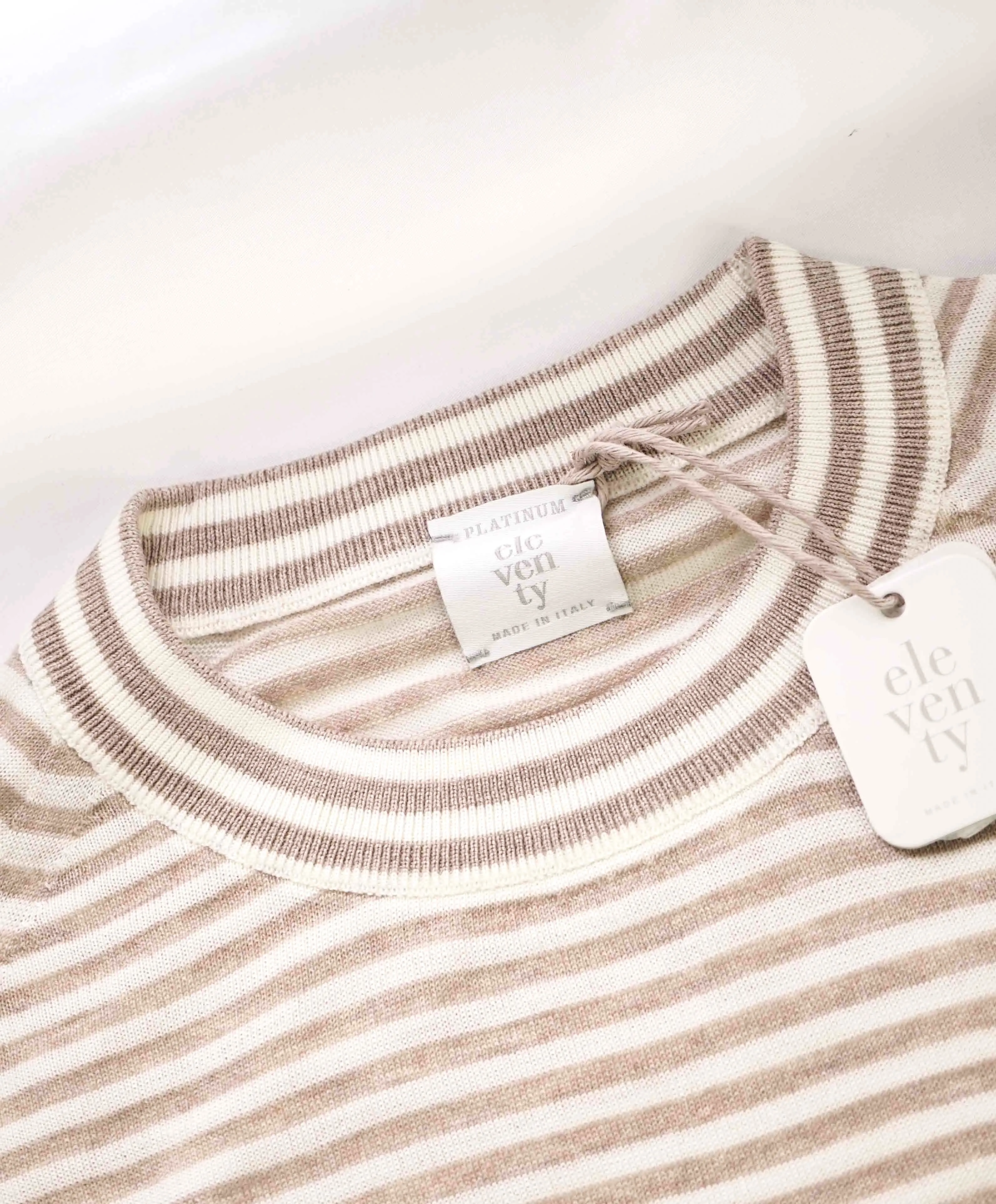 $875 ELEVENTY - Ivory / Camel Nautical Stripe High Crewneck Wool Sweater - M