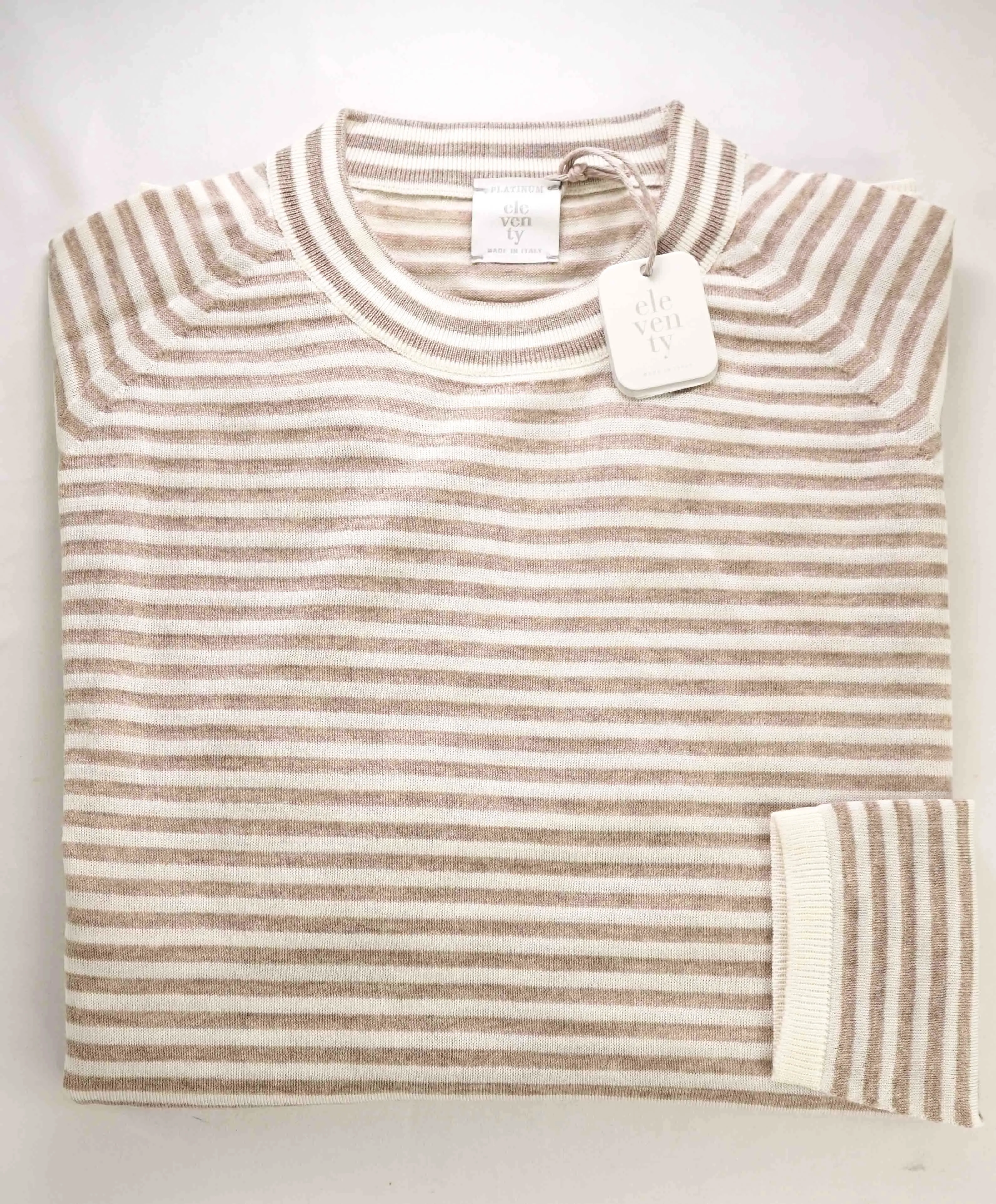 $875 ELEVENTY - Ivory / Camel Nautical Stripe High Crewneck Wool Sweater - M
