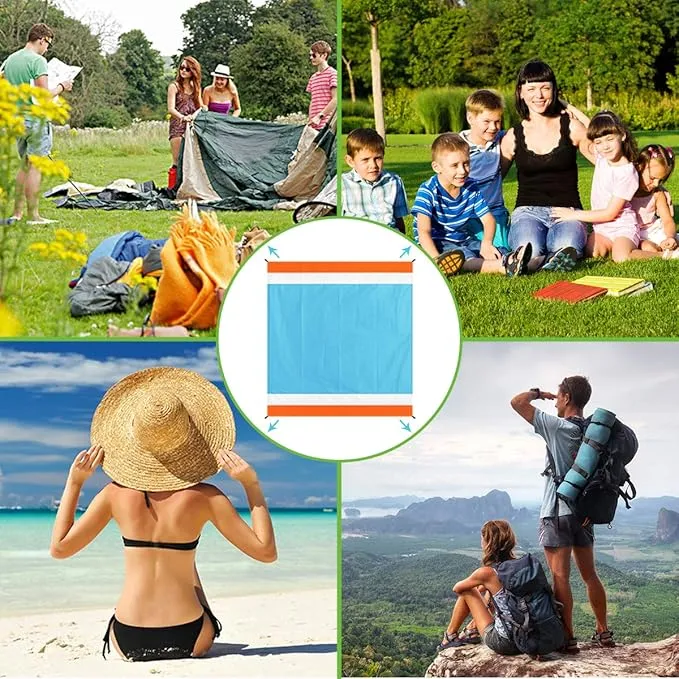 Aitey Sand Free Beach Blanket, Waterproof Beach Mat Compact Outdoor Blanket Ideal for Picnic, Travel, Hiking, Camping and Music Festivals with 4 Stakes, 4 Corner Pockets and Bag - 82"x 79"(Blue)