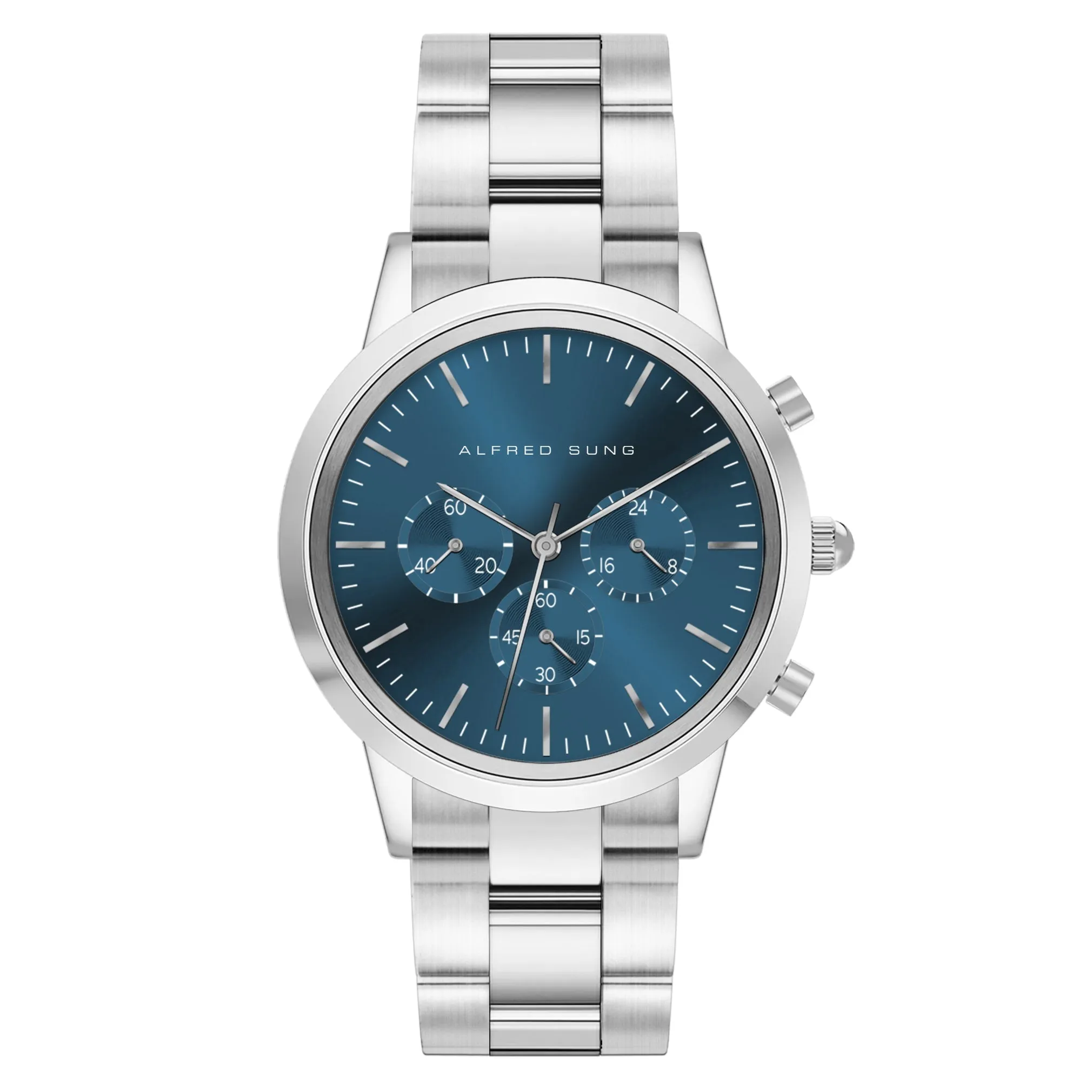 Alfred Sung Chronograph Blue Sunray Dial Silver Bracelet Men's watch