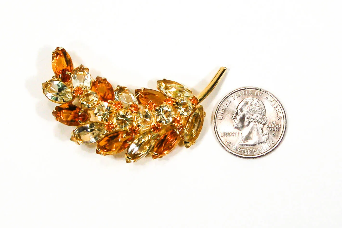 Amber Tone Leaf Rhinestone Brooch by Juliana D & E