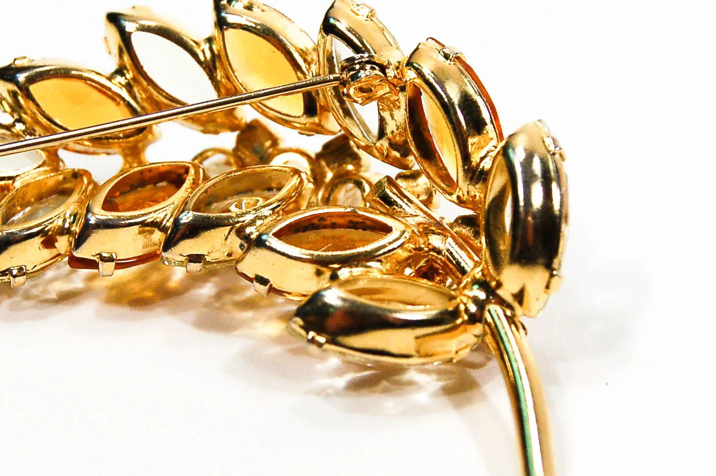 Amber Tone Leaf Rhinestone Brooch by Juliana D & E