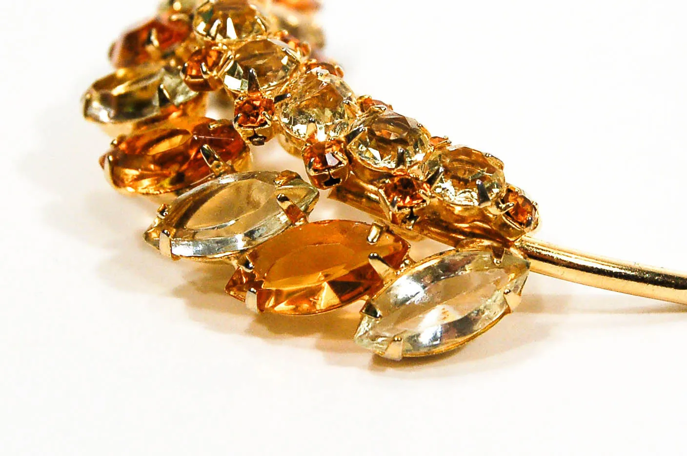 Amber Tone Leaf Rhinestone Brooch by Juliana D & E