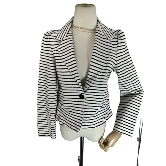 Anthropologie Cartonnier Womens Striped Blazer Jacket Medium White Blue Ruffle