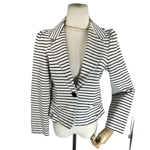 Anthropologie Cartonnier Womens Striped Blazer Jacket Medium White Blue Ruffle