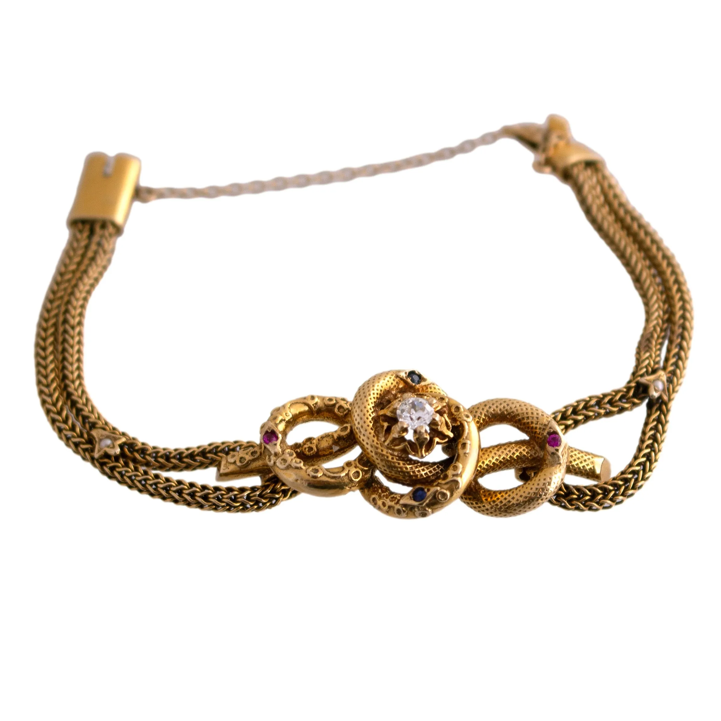 Antique 14K Gold Diamond, Ruby and Sapphire Bracelet