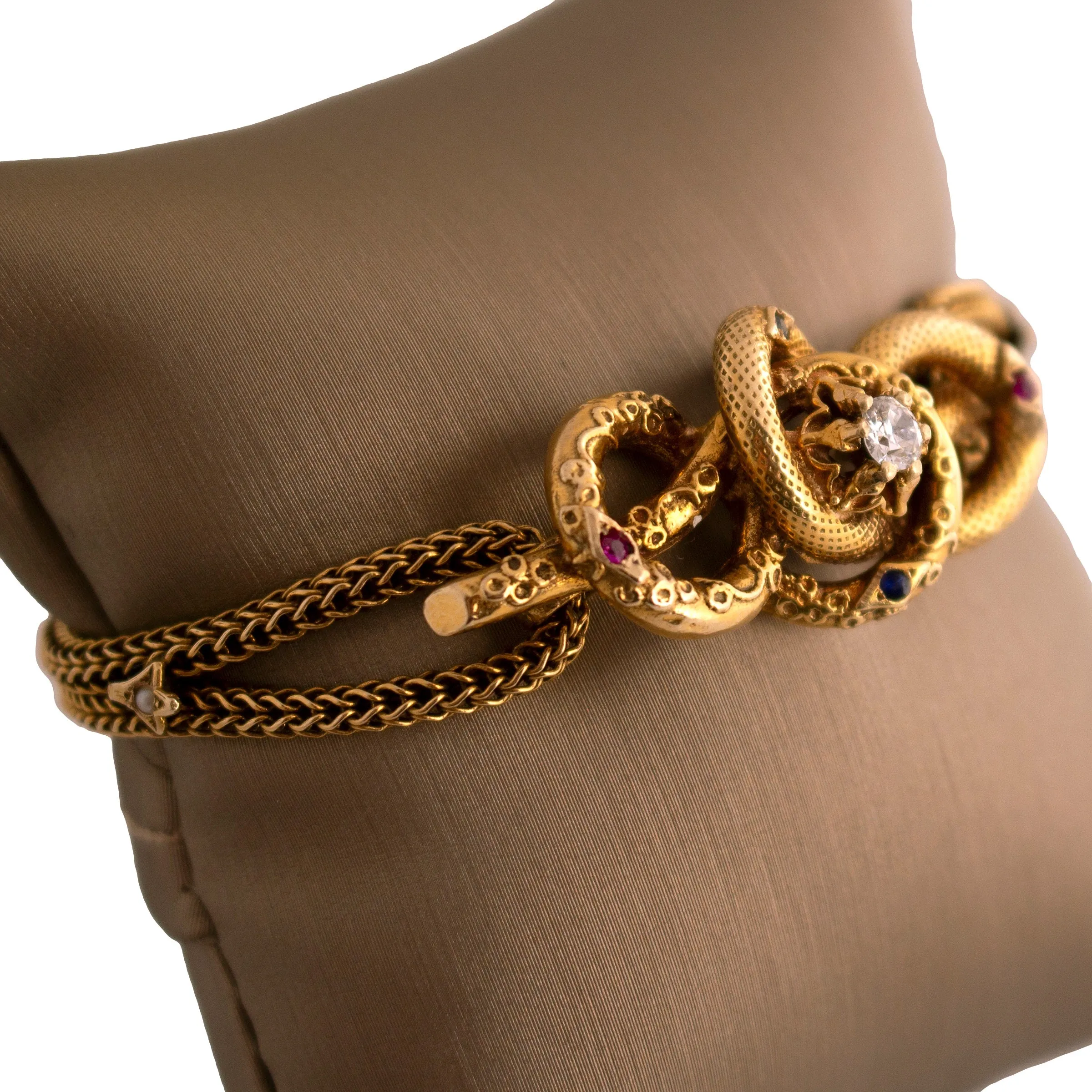 Antique 14K Gold Diamond, Ruby and Sapphire Bracelet