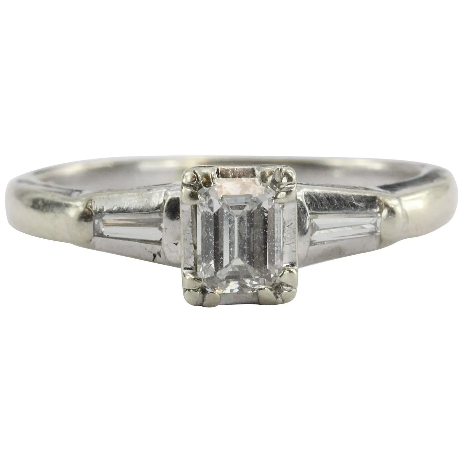 Antique Art Deco 14K White Gold Emerald Cut Diamond Engagement Ring
